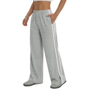 Fisoew Womens Wide Leg Pants Casual Baggy Elastic Waist Side Slit Contrast Stitch Loose Workout Sweat Pants with Pockets(Grey)
