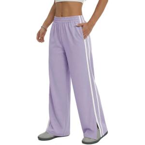 Fisoew Womens Wide Leg Pants Casual Baggy Elastic Waist Side Slit Contrast Stitch Loose Workout Sweat Pants with Pockets(Violet)