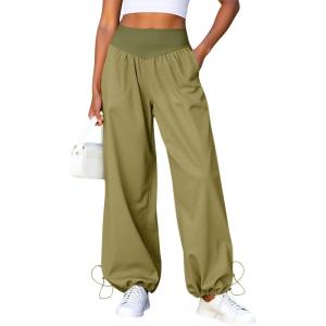 Fisoew Womens Wide Leg Pants Casual High Waist Baggy Track Pants Loose Fit Drawstring Cuffs Lounge Pant with Pockets(Army Green)