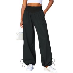 Fisoew Womens Wide Leg Pants Casual High Waist Baggy Track Pants Loose Fit Drawstring Cuffs Lounge Pant with Pockets(Black)