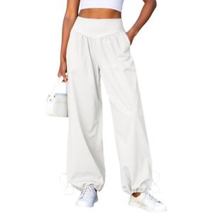 Fisoew Womens Wide Leg Pants Casual High Waist Baggy Track Pants Loose Fit Drawstring Cuffs Lounge Pant with Pockets(White)