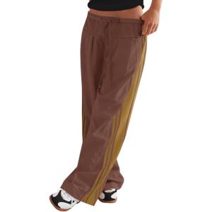Fisoew Womens Wide Leg Pants Drawstring High Waisted Striped Baggy Palazzo Track Pants with Pockets(Brown)