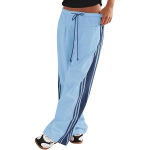 Fisoew Womens Wide Leg Pants Drawstring High Waisted Striped Baggy Palazzo Track Pants with Pockets(Light Blue)