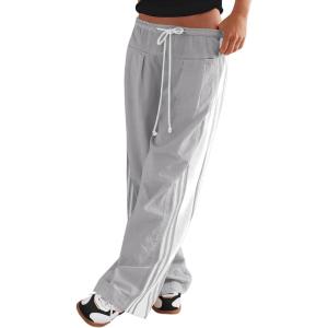 Fisoew Womens Wide Leg Pants Drawstring High Waisted Striped Baggy Palazzo Track Pants with Pockets(Light Grey)