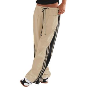 Fisoew Womens Wide Leg Pants Drawstring High Waisted Striped Baggy Palazzo Track Pants with Pockets(Light Khaki)