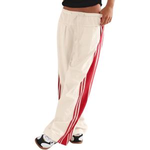 Fisoew Womens Wide Leg Pants Drawstring High Waisted Striped Baggy Palazzo Track Pants with Pockets(Red)