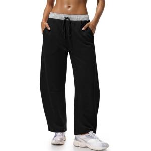 Fisoew Womens Wide Leg Sweatpants Baggy Drawstring Elastic Waisted Travel Track Pants Color Block Joggers with Pockets(Black)