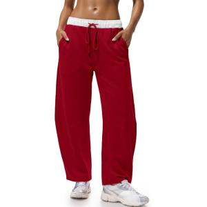 Fisoew Womens Wide Leg Sweatpants Baggy Drawstring Elastic Waisted Travel Track Pants Color Block Joggers with Pockets(Red)