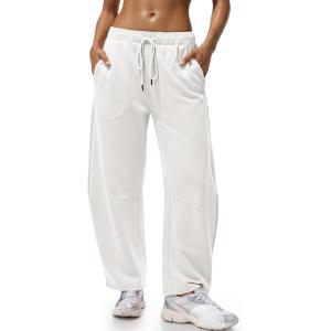Fisoew Womens Wide Leg Sweatpants Baggy Drawstring Elastic Waisted Travel Track Pants Color Block Joggers with Pockets(White)