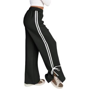 Fisoew Womens Wide Leg Sweatpants High Waisted Side Slit Lounge Travel Track Pants Striped Baggy with Pockets(Black)