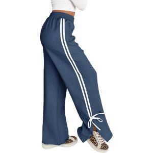 Fisoew Womens Wide Leg Sweatpants High Waisted Side Slit Lounge Travel Track Pants Striped Baggy with Pockets(Navy)