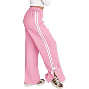 Fisoew Womens Wide Leg Sweatpants High Waisted Side Slit Lounge Travel Track Pants Striped Baggy with Pockets(Pink)