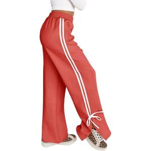 Fisoew Womens Wide Leg Sweatpants High Waisted Side Slit Lounge Travel Track Pants Striped Baggy with Pockets(Red)
