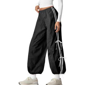 Fisoew Womens Wide Leg Track Pants Casual Elastic Waist Bow Tie Y2K Baggy Sweatpants with Pockets Black