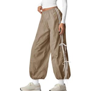 Fisoew Womens Wide Leg Track Pants Casual Elastic Waist Bow Tie Y2K Baggy Sweatpants with Pockets Khaki