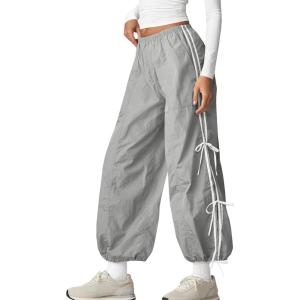 Fisoew Womens Wide Leg Track Pants Casual Elastic Waist Bow Tie Y2K Baggy Sweatpants with Pockets Light Grey