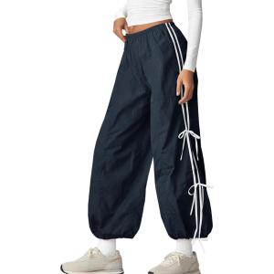 Fisoew Womens Wide Leg Track Pants Casual Elastic Waist Bow Tie Y2K Baggy Sweatpants with Pockets Navy