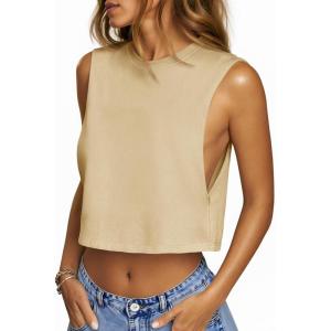 Fisoew Womens Workout Cropped Tank Tops Boxy Loose Fit Casual Sleeveless Shirts Athletic Crew Neck Summer Basic Tees(Apricot)