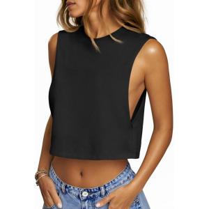 Fisoew Womens Workout Cropped Tank Tops Boxy Loose Fit Casual Sleeveless Shirts Athletic Crew Neck Summer Basic Tees(Black)