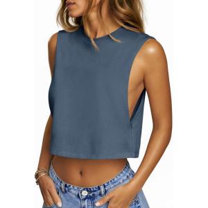 Fisoew Womens Workout Cropped Tank Tops Boxy Loose Fit Casual Sleeveless Shirts Athletic Crew Neck Summer Basic Tees(Blue Grey)