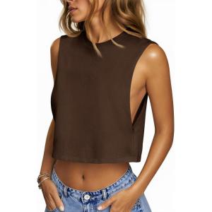 Fisoew Womens Workout Cropped Tank Tops Boxy Loose Fit Casual Sleeveless Shirts Athletic Crew Neck Summer Basic Tees(Brown)
