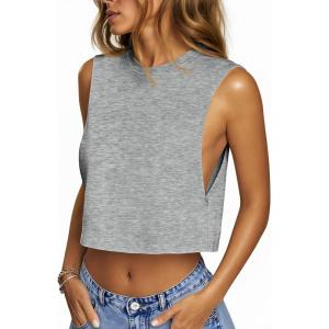 Fisoew Womens Workout Cropped Tank Tops Boxy Loose Fit Casual Sleeveless Shirts Athletic Crew Neck Summer Basic Tees(Grey)
