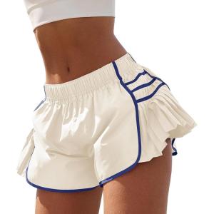 Fisoew Womens Workout Gym Shorts Running Pleated Contrast Stitch Elastic Waist Athletic Quick Dry Shorts(Beige-1)