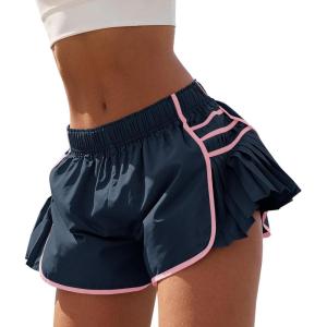 Fisoew Womens Workout Gym Shorts Running Pleated Contrast Stitch Elastic Waist Athletic Quick Dry Shorts(Dark Blue-1)