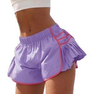 Fisoew Womens Workout Gym Shorts Running Pleated Contrast Stitch Elastic Waist Athletic Quick Dry Shorts(Violet)