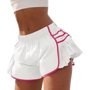 Fisoew Womens Workout Gym Shorts Running Pleated Contrast Stitch Elastic Waist Athletic Quick Dry Shorts(White-1)