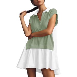 Womens Dresses 2025 Summer V Neck Short Sleeve Casual Loose Flowy Swing Shift Dress Mini Dress Green
