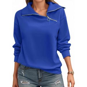 Womens Zipper Sweatshirt Turtleneck Long Sleeve Pullover Casual Loose Sweatshirts Top T Shirts(Blue)