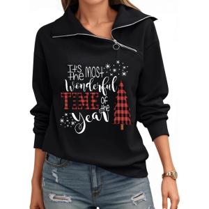 Womens Zipper Sweatshirt Turtleneck Long Sleeve Pullover Casual Loose Sweatshirts Top T Shirts(Christmas-black)