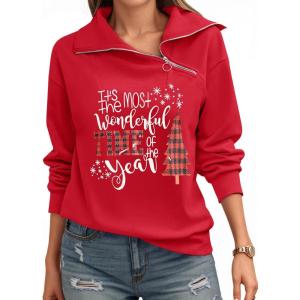 Womens Zipper Sweatshirt Turtleneck Long Sleeve Pullover Casual Loose Sweatshirts Top T Shirts(Christmas-red)