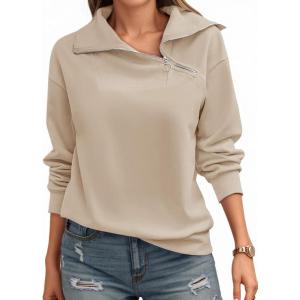 Womens Zipper Sweatshirt Turtleneck Long Sleeve Pullover Casual Loose Sweatshirts Top T Shirts(Khaki)