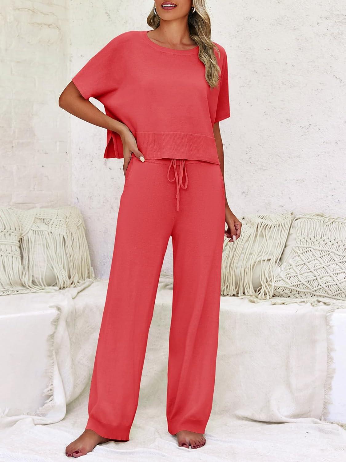 image:imageFisoew Womens 2 Piece Outfits Sweater Sets Knit Split Crop Tops High Waisted Pants Lounge SetRed