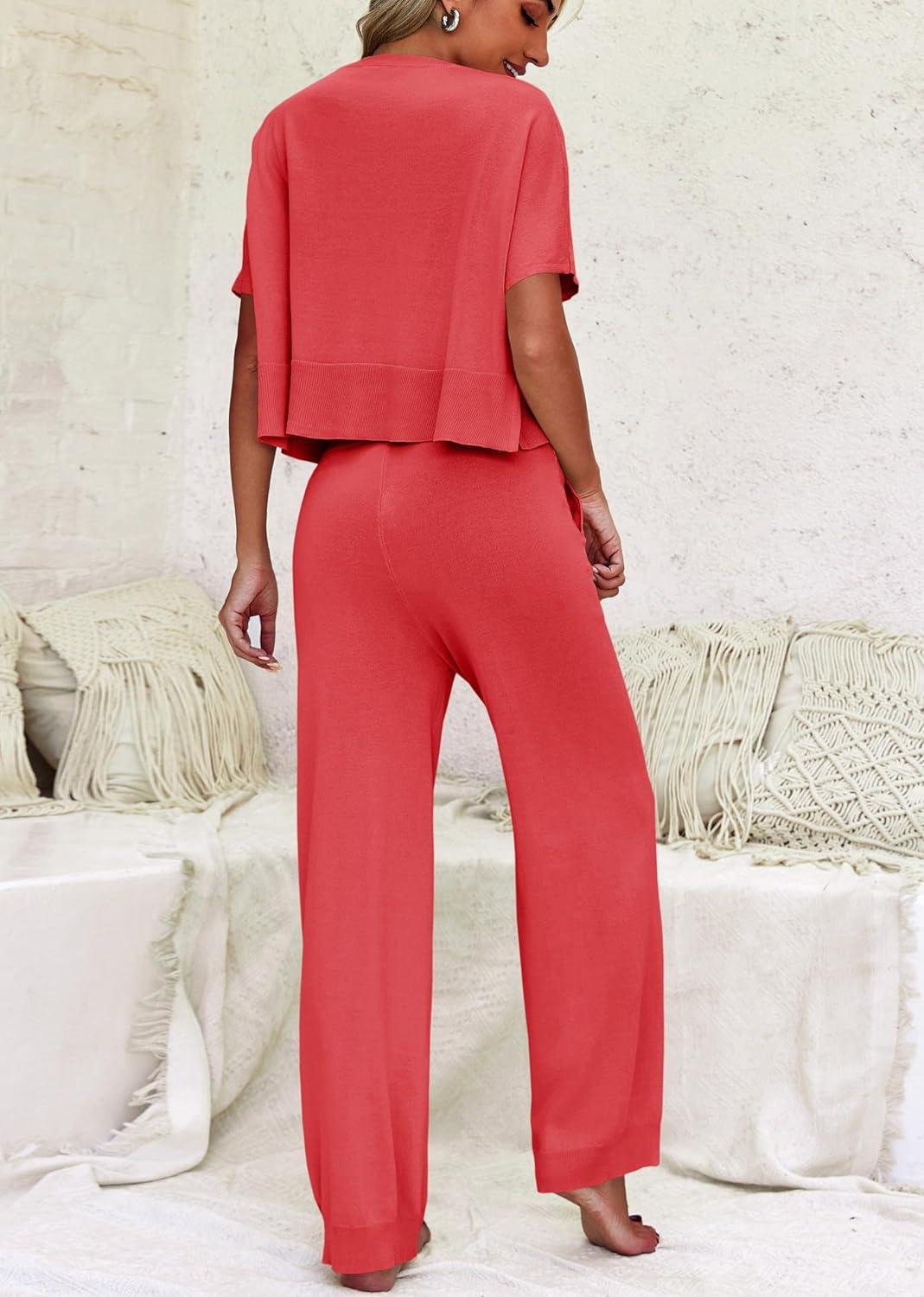 image:imageFisoew Womens 2 Piece Outfits Sweater Sets Knit Split Crop Tops High Waisted Pants Lounge SetRed