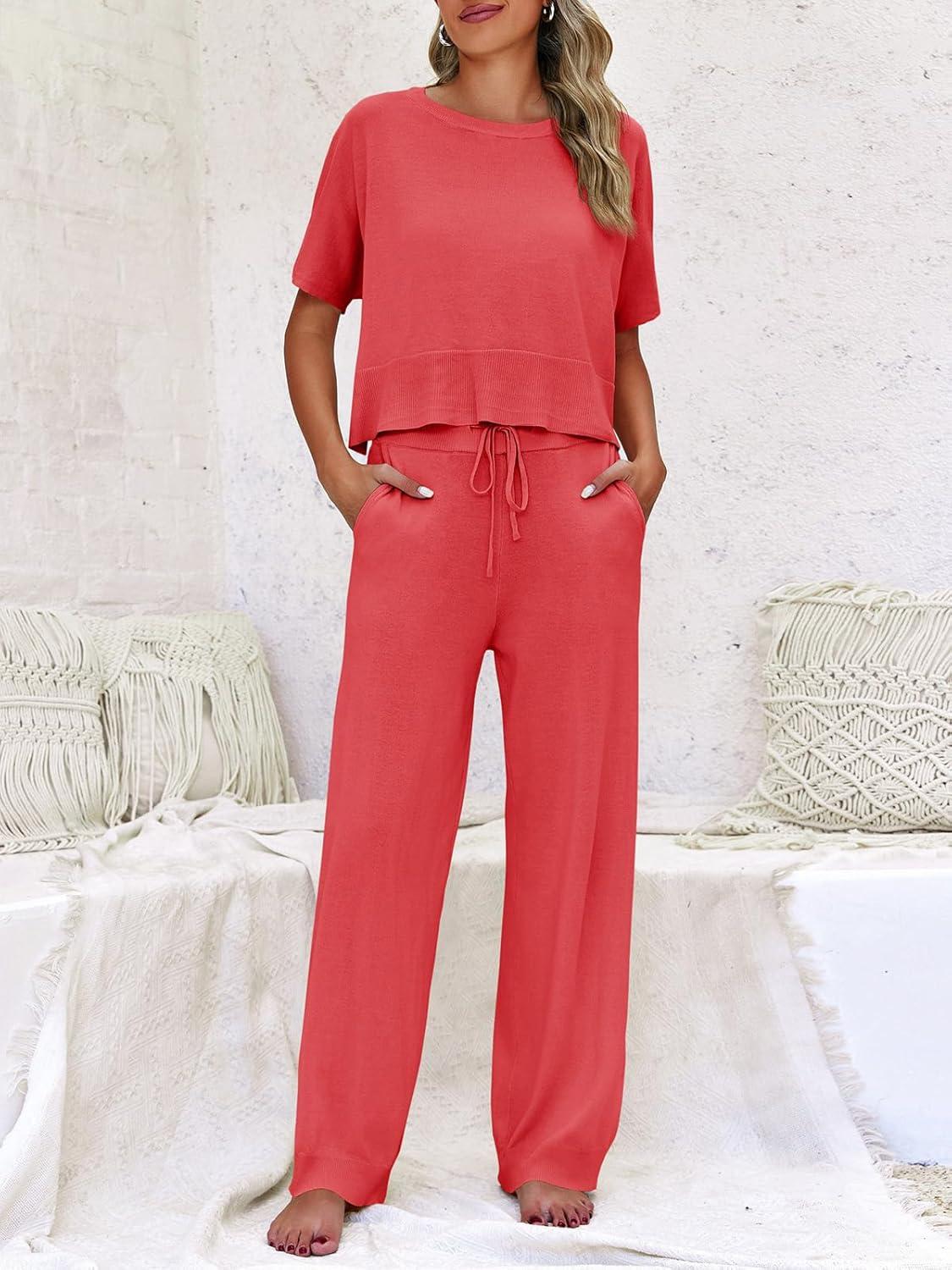 image:imageFisoew Womens 2 Piece Outfits Sweater Sets Knit Split Crop Tops High Waisted Pants Lounge SetRed