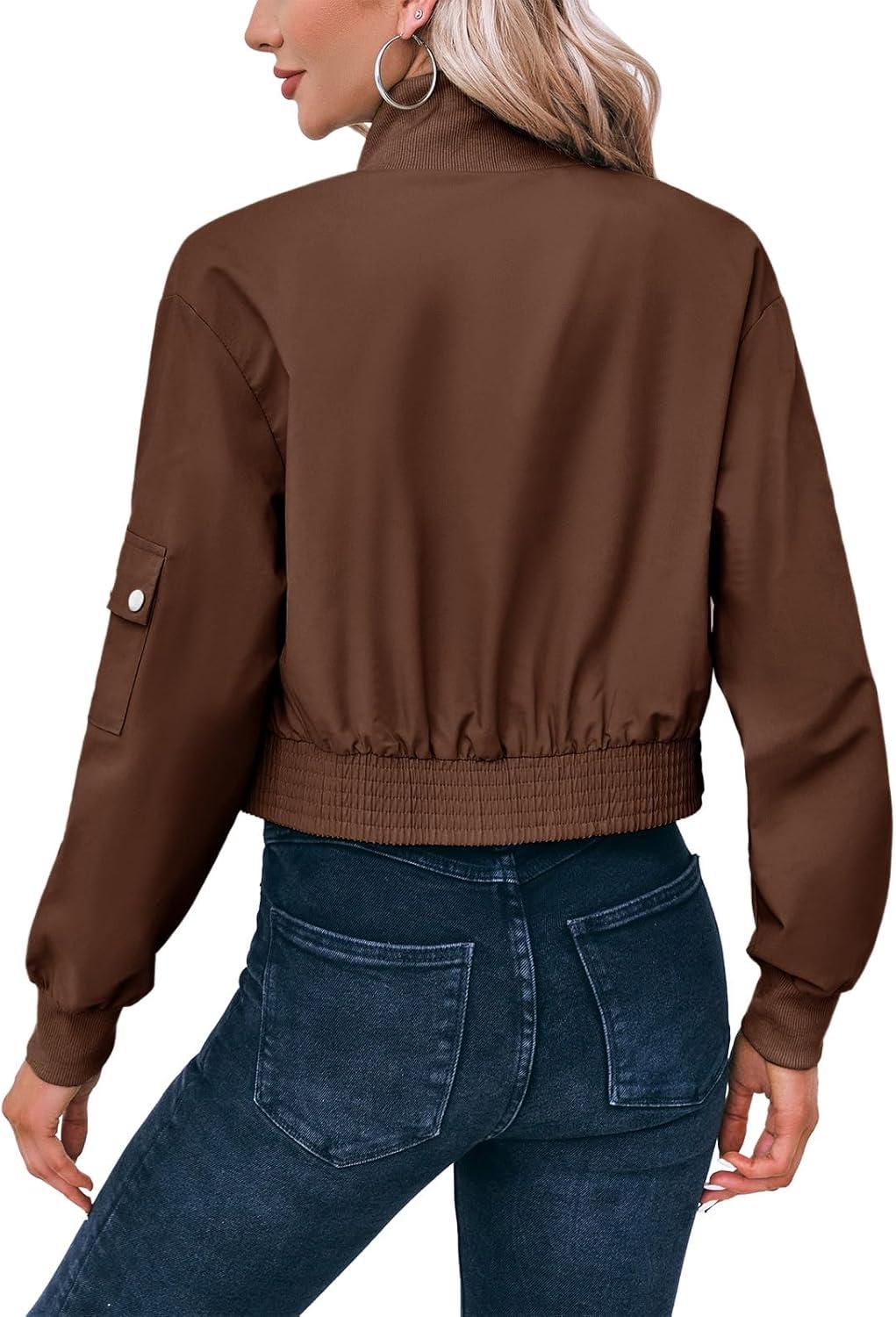 image:imageFisoew Womens Cropped Bomber Jackets Lightweight Zip Up Stand Collar Long Sleeve Short Jacket with PocketsDark Brown
