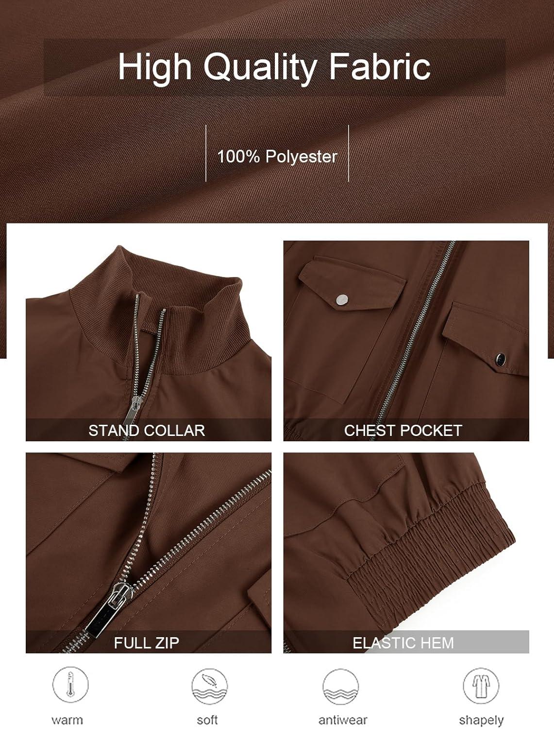 image:imageFisoew Womens Cropped Bomber Jackets Lightweight Zip Up Stand Collar Long Sleeve Short Jacket with PocketsDark Brown