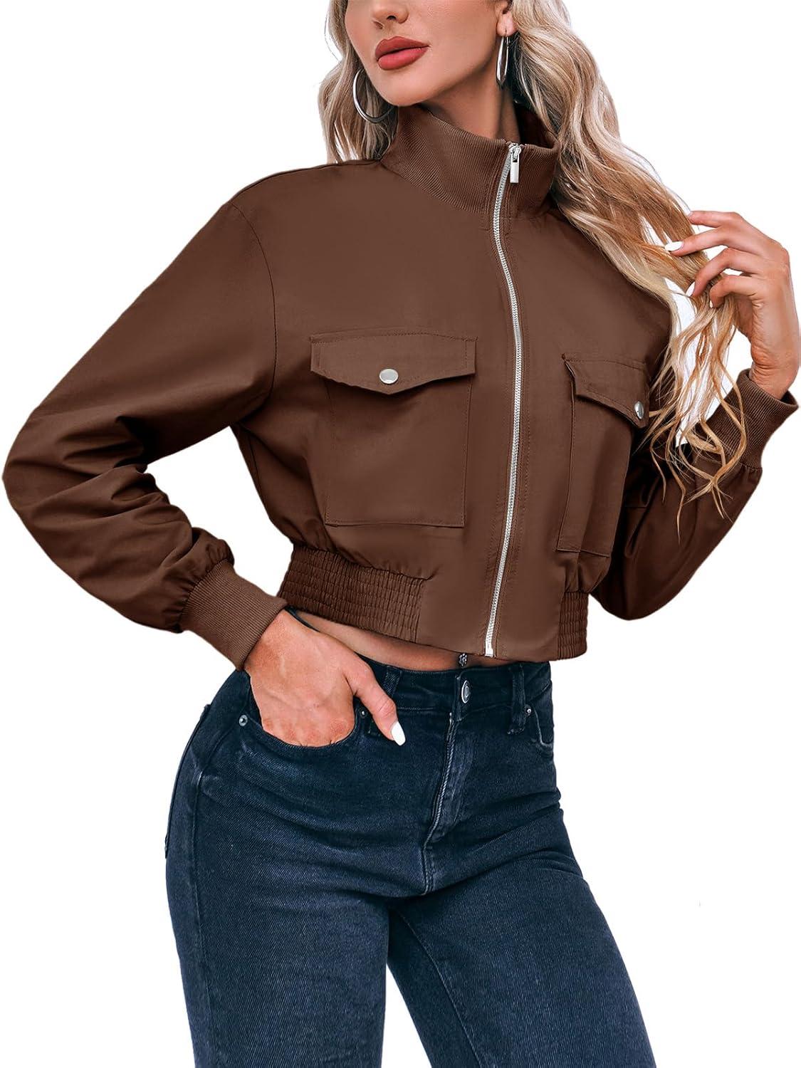 image:imageFisoew Womens Cropped Bomber Jackets Lightweight Zip Up Stand Collar Long Sleeve Short Jacket with PocketsDark Brown