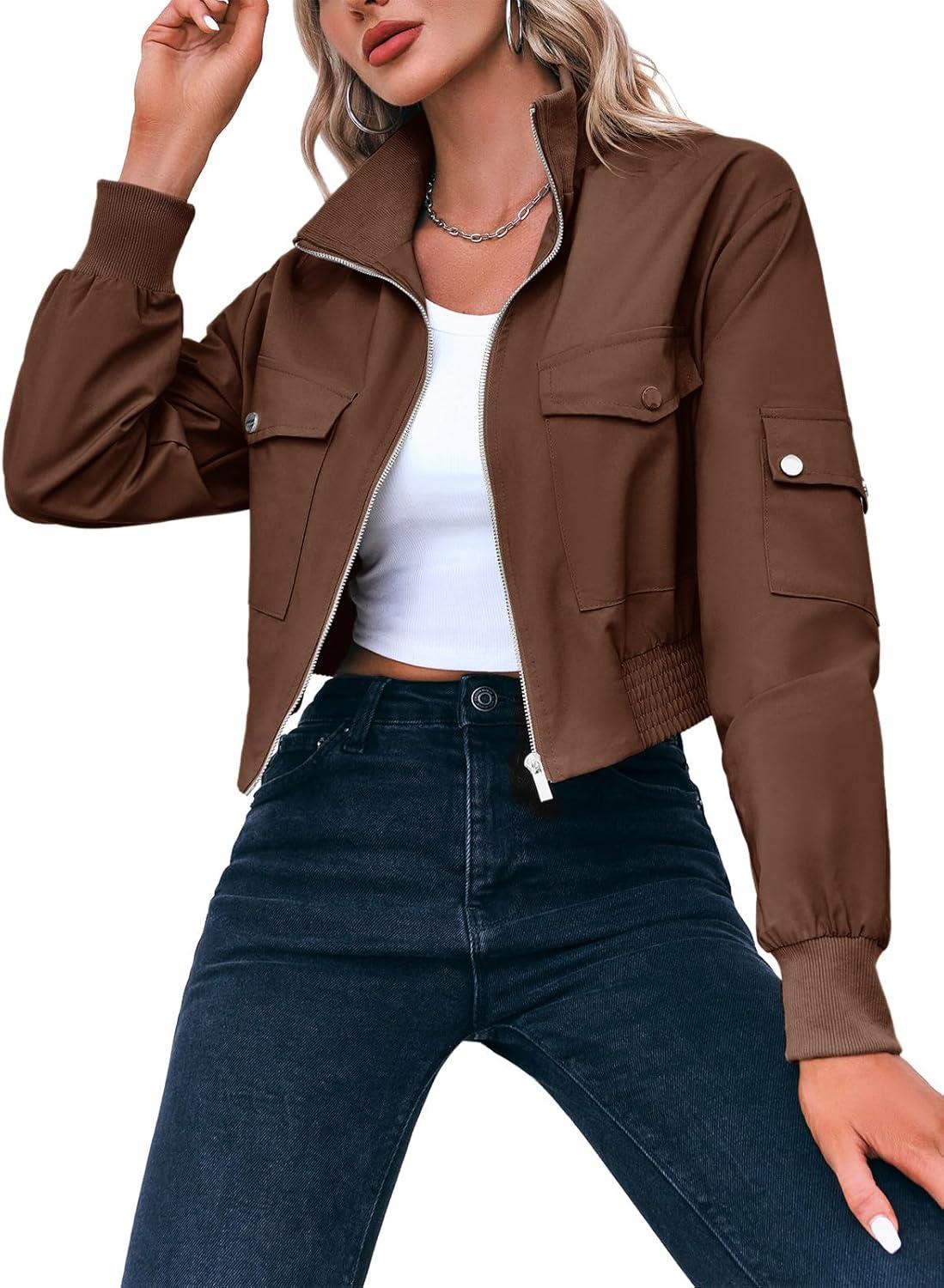 image:imageFisoew Womens Cropped Bomber Jackets Lightweight Zip Up Stand Collar Long Sleeve Short Jacket with PocketsDark Brown