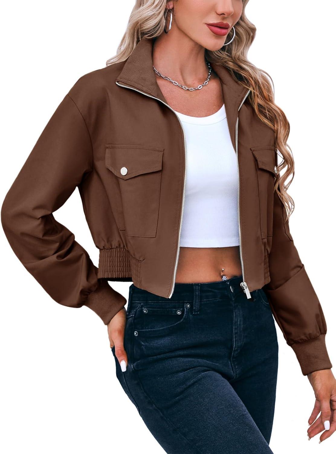image:imageFisoew Womens Cropped Bomber Jackets Lightweight Zip Up Stand Collar Long Sleeve Short Jacket with PocketsDark Brown