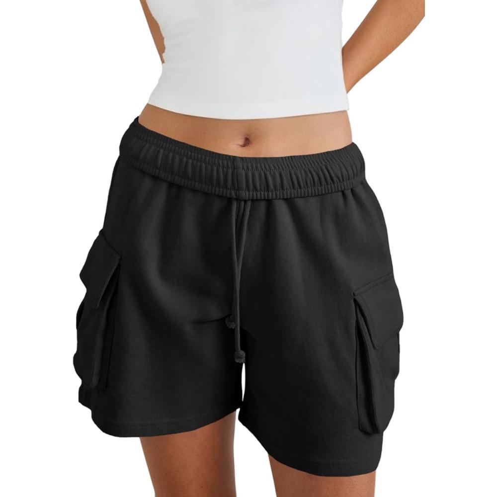 image:imageFisoew Sweat Shorts for Women Casual Summer Drawstring Cargo Short Athletic Running Workout Baggy ShortsBlack