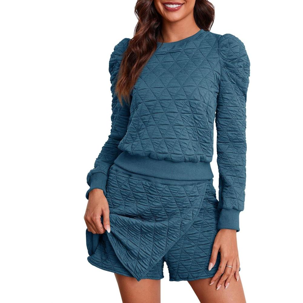 image:imageFisoew Womens 2 Piece Lounge Wear Set Long Sleeve Argyle Sweatshirts and Wrap Skorts Casual SetsNavy Blue