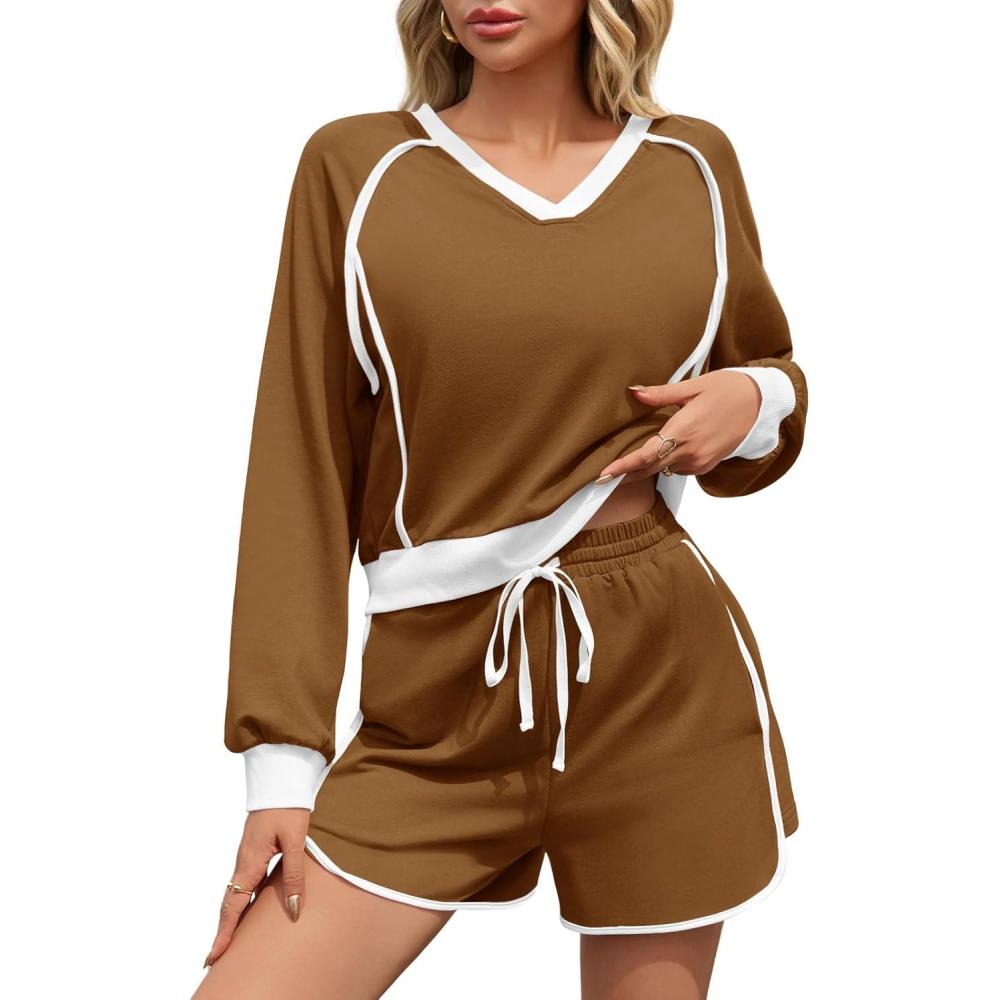 image:imageFisoew Womens 2 Piece Outfits Casual V Neck Cropped Sweatshirt High Waisted Workout Shorts Sets Loose TracksuitsBrown