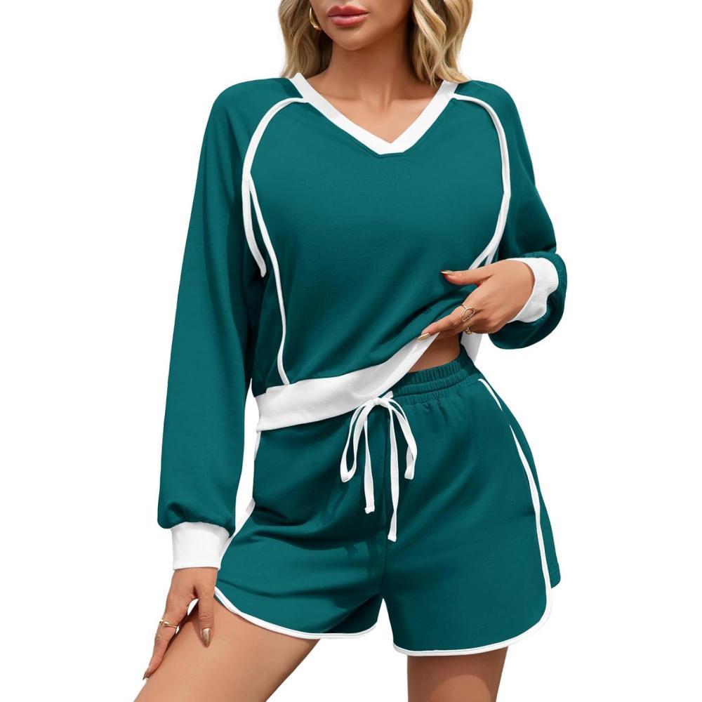 image:imageFisoew Womens 2 Piece Outfits Casual V Neck Cropped Sweatshirt High Waisted Workout Shorts Sets Loose TracksuitsDark Green