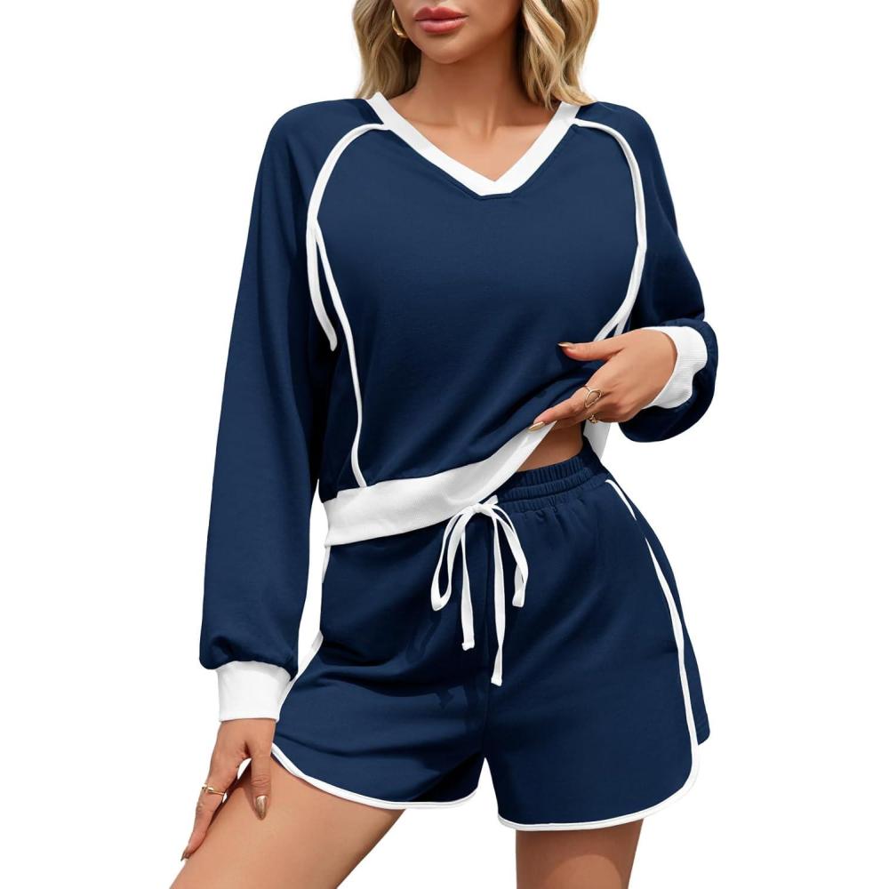 image:imageFisoew Womens 2 Piece Outfits Casual V Neck Cropped Sweatshirt High Waisted Workout Shorts Sets Loose TracksuitsNavy