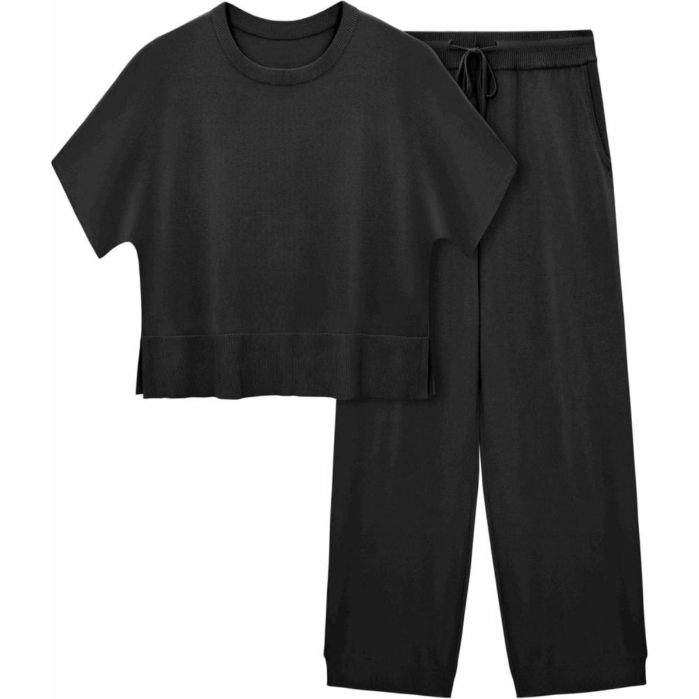 image:imageFisoew Womens 2 Piece Outfits Sweater Sets Knit Split Crop Tops High Waisted Pants Lounge SetBlack