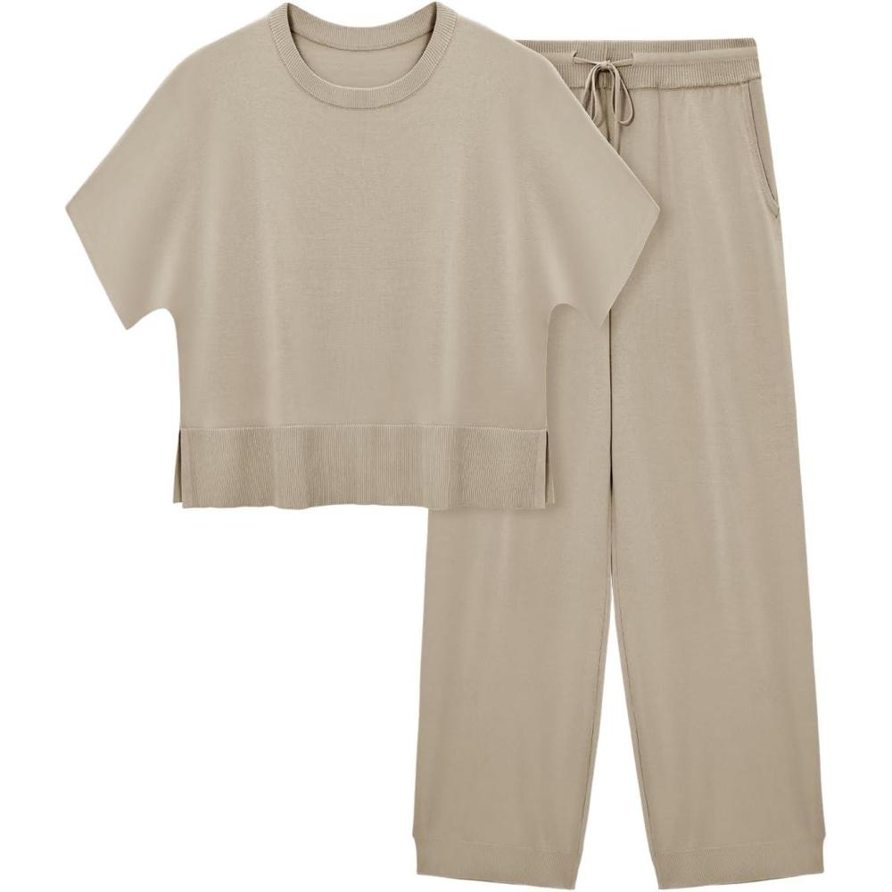 image:imageFisoew Womens 2 Piece Outfits Sweater Sets Knit Split Crop Tops High Waisted Pants Lounge SetKhaki